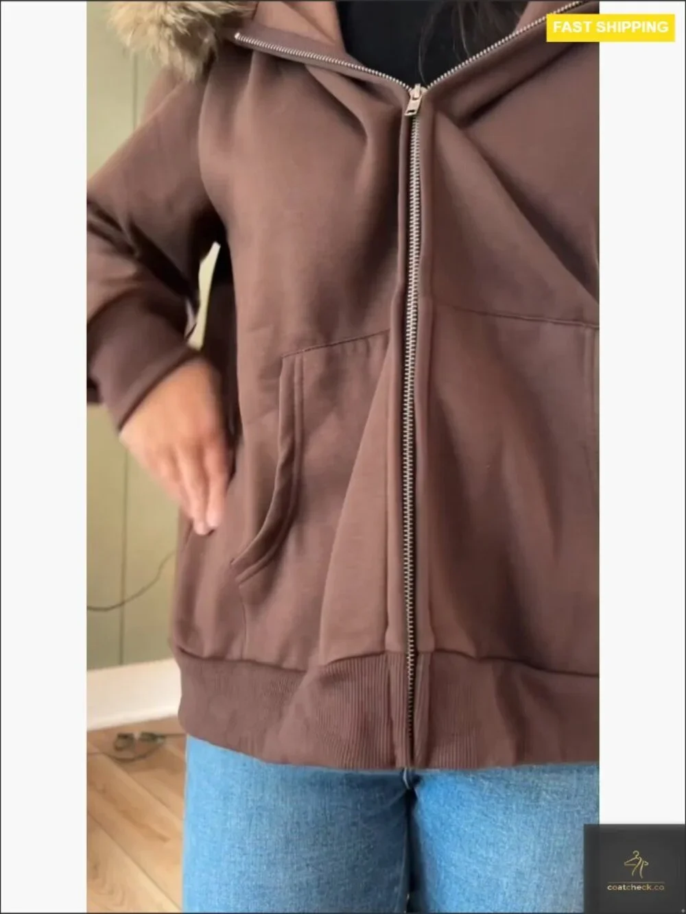 Faux Fur Trim Zip-Up Hoodie Oversized Fleece Lining Casual Jacket with Pockets
